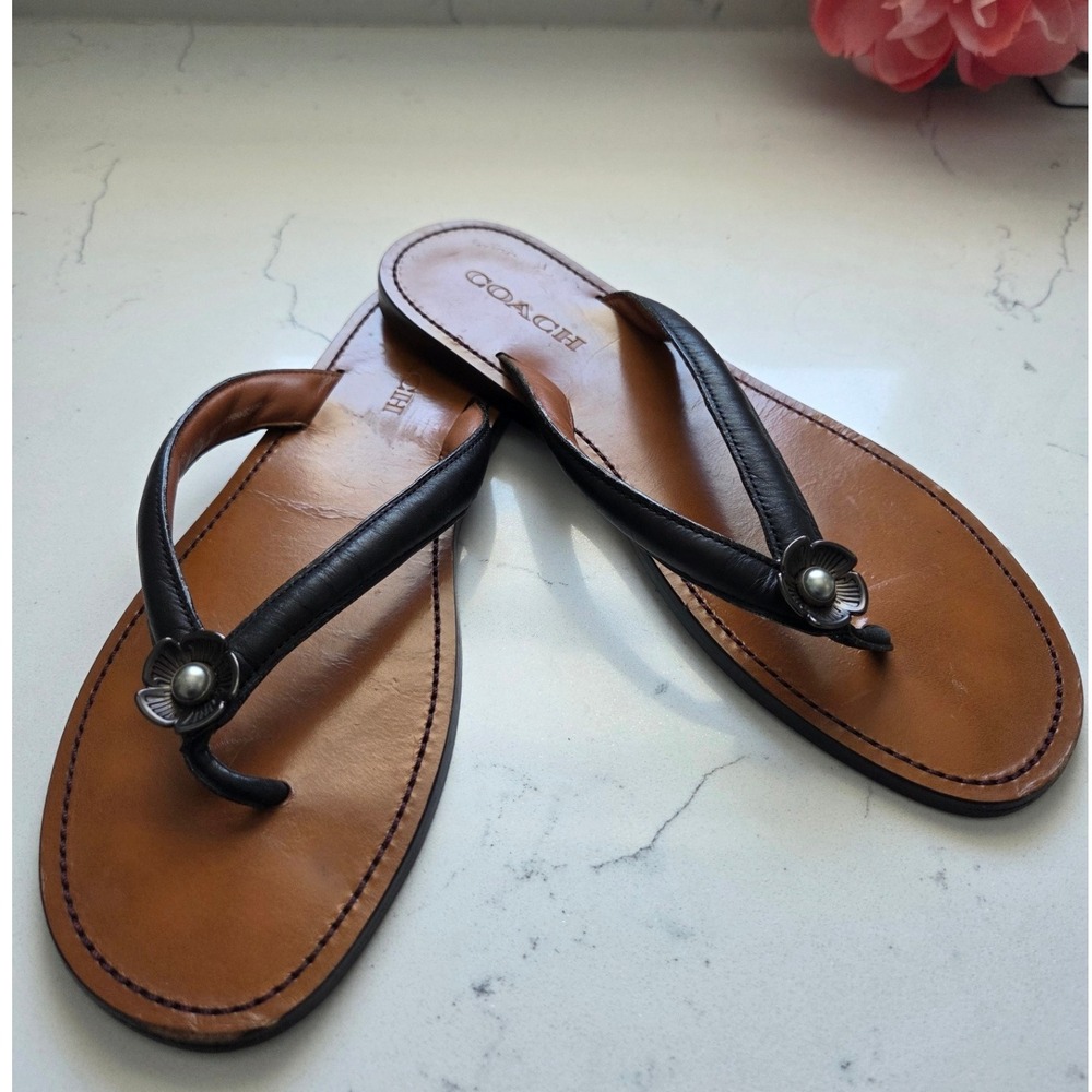 Coach Tea Rose Black Leather Flip Flop‎ Sandals Sz 10
